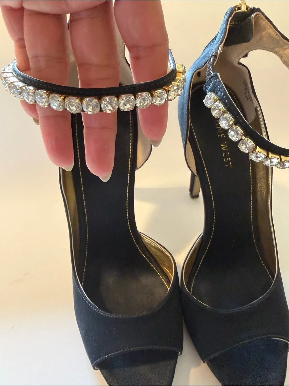 Nine West Satin Black High Heels with Crystal Ankle Strap